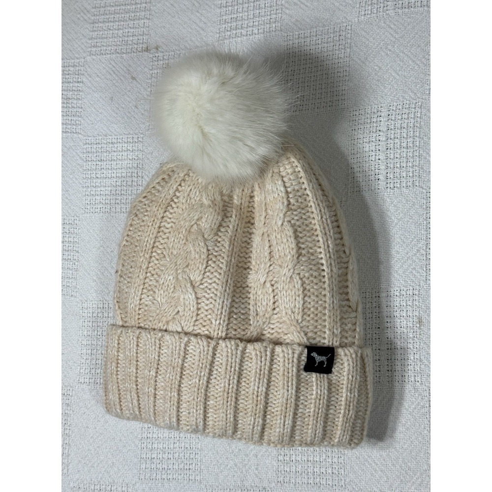 VICTORIA'S SECRET PINK LOGO WHITE POMPOM SHERPA WARM CREAM BEANIE KNITTED HAT